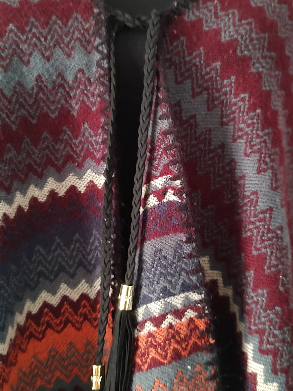 Hooded Chevron Knit Poncho in Burgundy & Rust - Picture 4 of 11